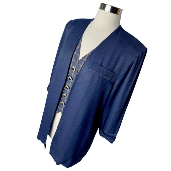 Vintage 90’s Petite Perceptions Combination Navy Blazer/Plaid Vest - Size 6 - Picture 2 of 6